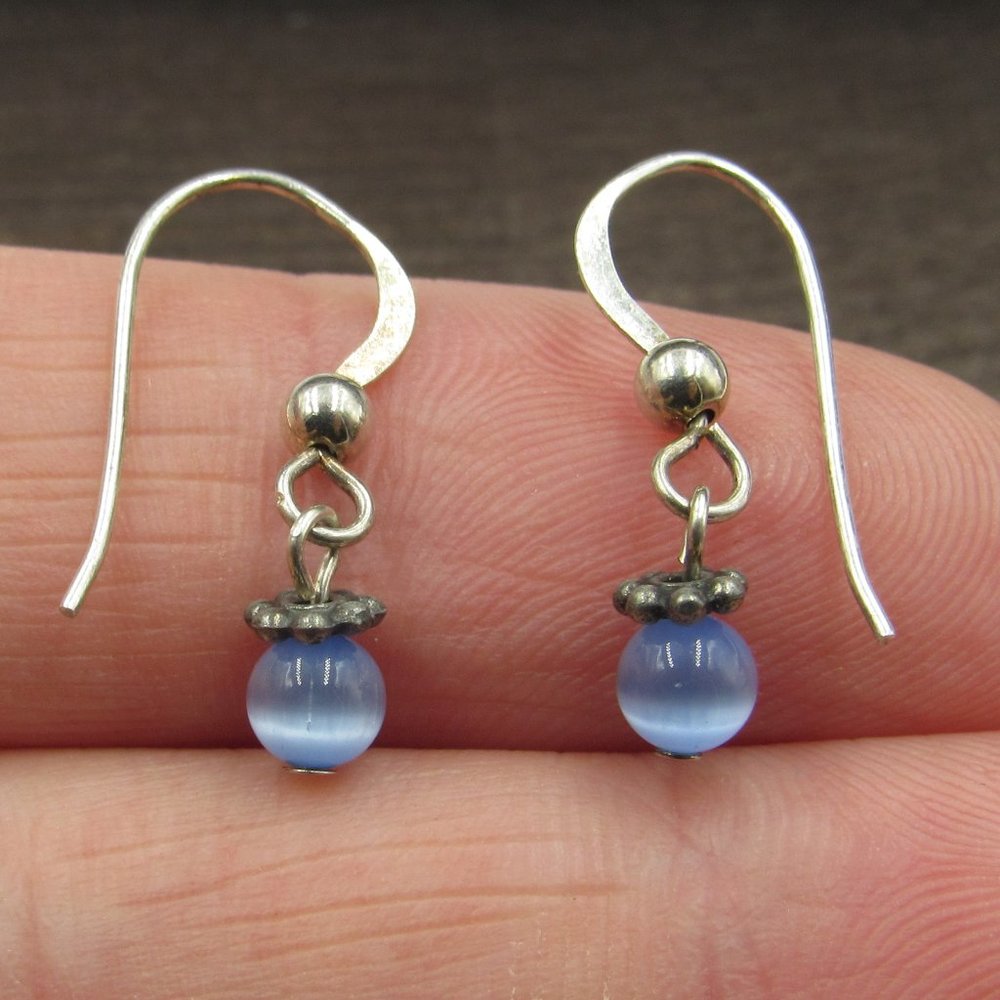 Sterling Silver Tiny Rustic Cat Eye Gem Earrings - image 1